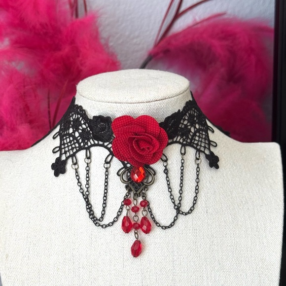 Black and Red Lace Rose Choker Necklace - Picture 1 of 8